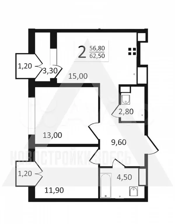 2-к. квартира, 62,5 м, 5/9 эт. - Фото 1