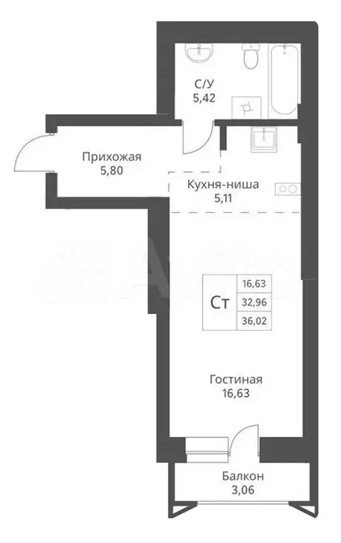 Квартира-студия, 36 м, 7/24 эт. - Фото 0