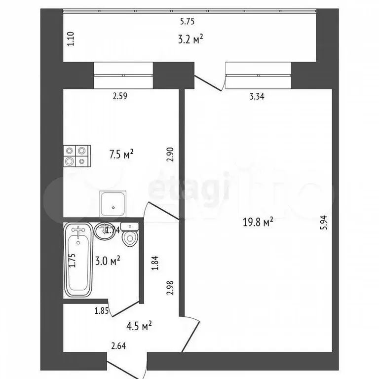 1-к. квартира, 34,8 м, 8/9 эт. - Фото 0