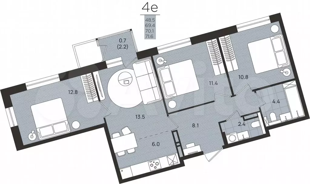 4-к. квартира, 70,1 м, 2/8 эт. - Фото 0