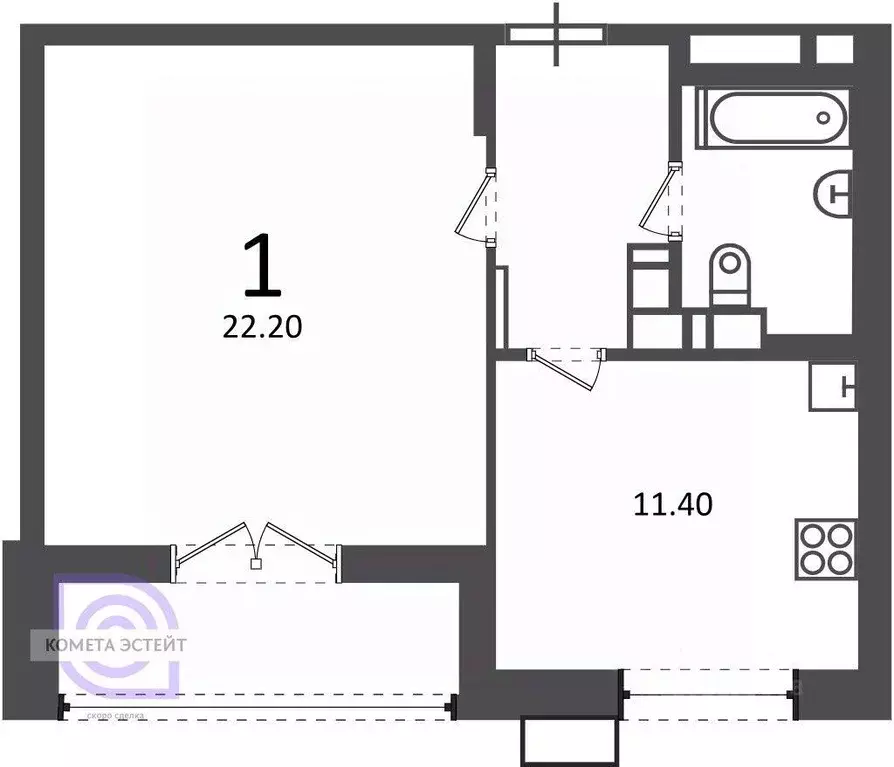 Квартира, 1 комната, 43 м - Фото 2