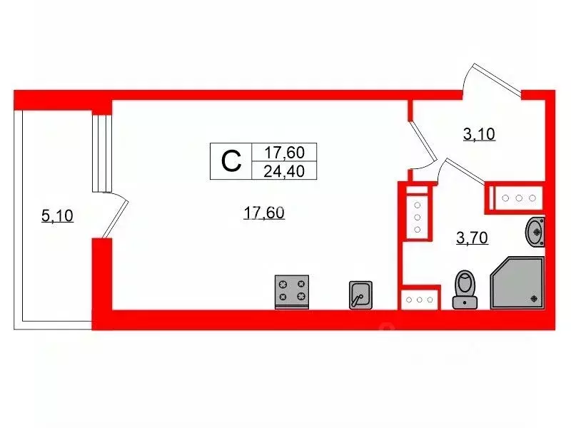 Студия Санкт-Петербург ул. Верхне-Каменская, 9к1 (24.4 м) - Фото 1