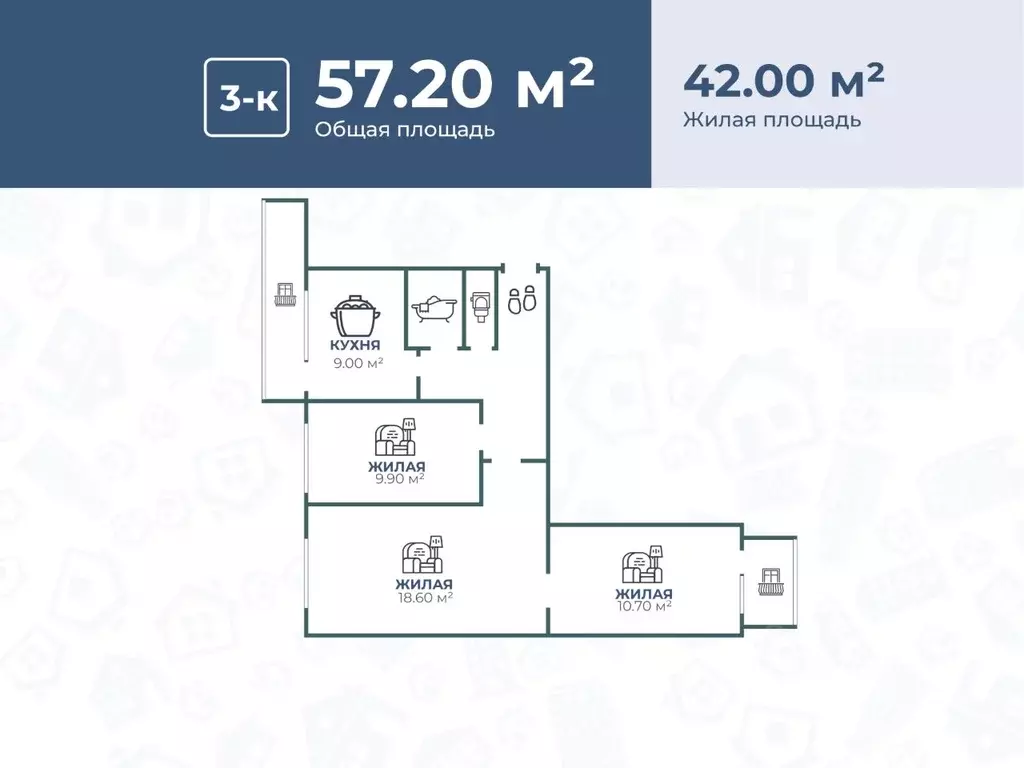 3-к кв. Волгоградская область, Волгоград Двинская ул., 8 (57.2 м) - Фото 1