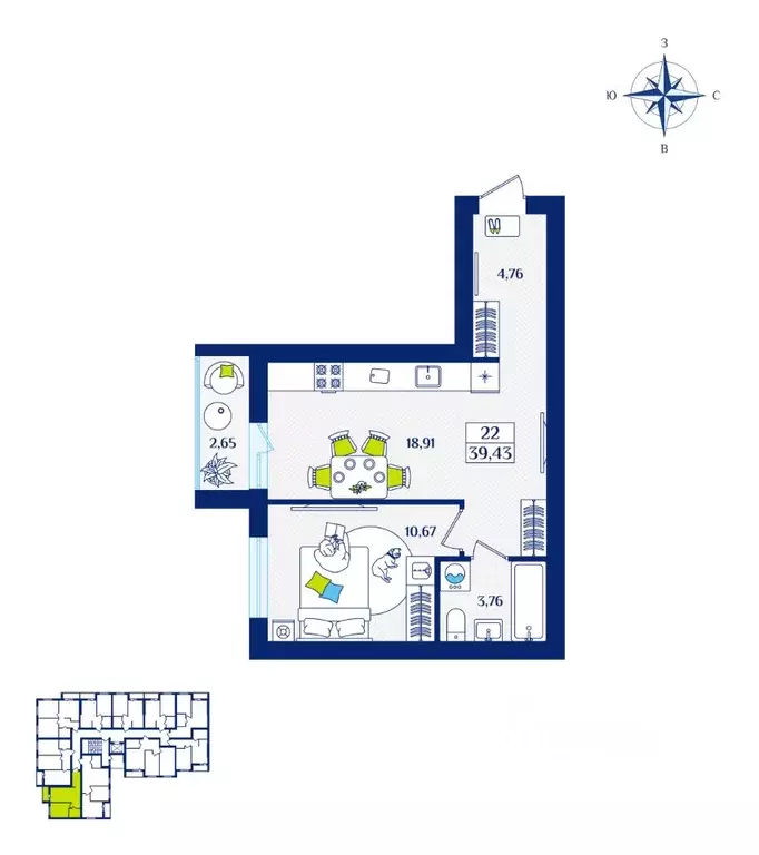 1-к кв. Калининградская область, Зеленоградск  (39.43 м) - Фото 1
