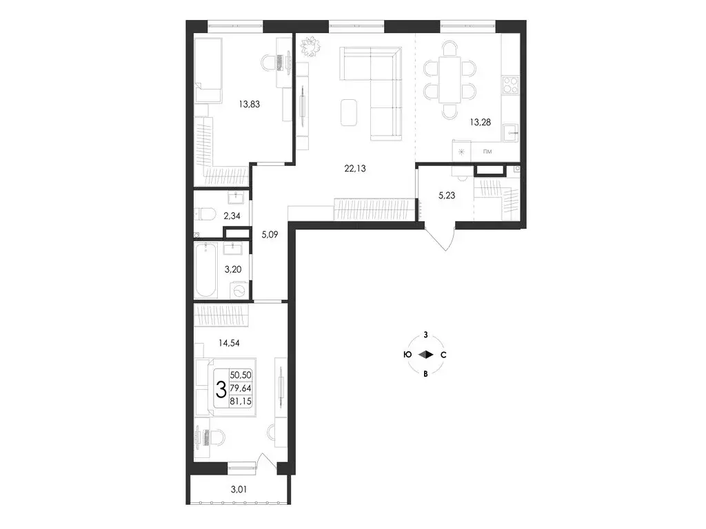 3-комнатная квартира: Воронеж, микрорайон Первое Мая, ЖК Май (81.15 м) - Фото 1