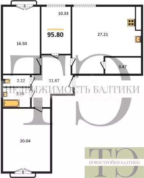 3-к. квартира, 95,8 м, 5/6 эт. - Фото 0