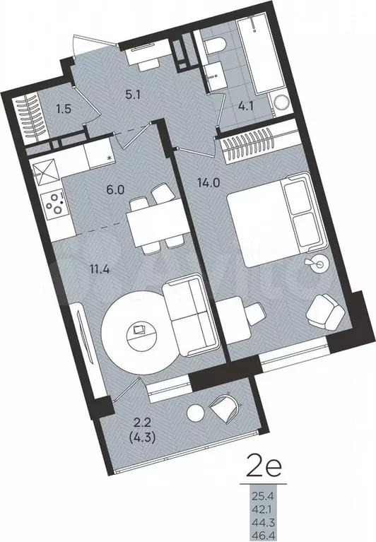 2-к. квартира, 44,3 м, 3/8 эт. - Фото 0