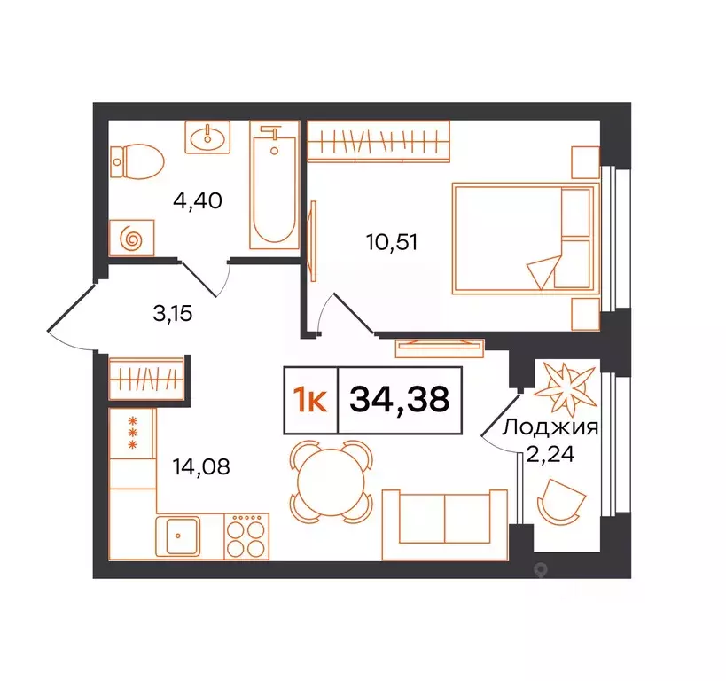1-к кв. Тюменская область, Тюмень Полевая ул., 117к13 (34.38 м) - Фото 1