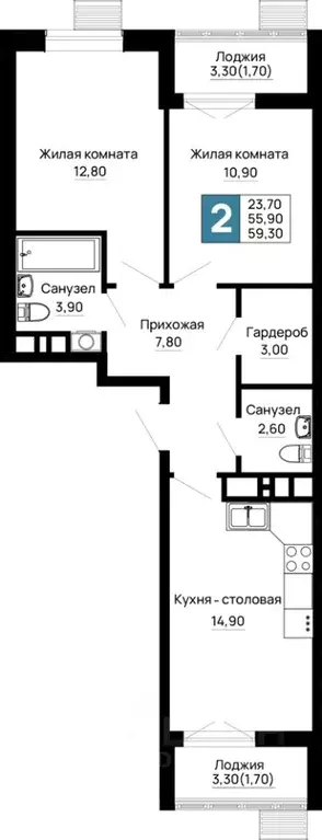 2-к кв. Адыгея, Тахтамукайский район, Яблоновский пгт  (59.3 м) - Фото 1