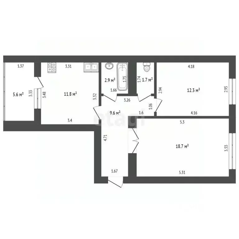 2-к кв. Башкортостан, Стерлитамак ул. Артема, 76 (56.8 м) - Фото 2