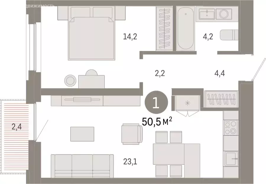 1-комнатная квартира: Тюмень, Мысовская улица, 26к2 (50.46 м) - Фото 1