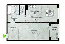 1-к. квартира, 53,4 м, 3/17 эт. - Фото 0