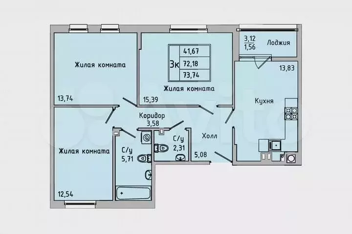 3-к. квартира, 73,7м, 1/7эт. - Фото 1