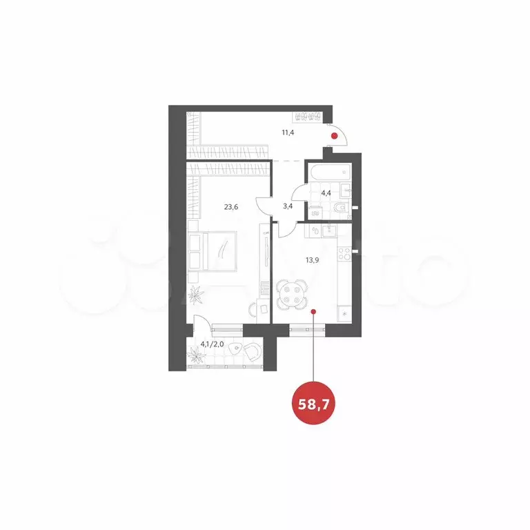 1-к. квартира, 58,7 м, 1/4 эт. - Фото 0