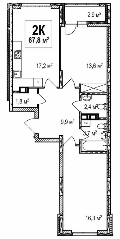 2-комнатная квартира: Нижний Новгород, проспект Гагарина, 36к4 (67.8 ... - Фото 1