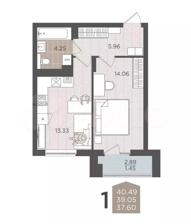 1-к. квартира, 39 м, 2/9 эт. - Фото 1