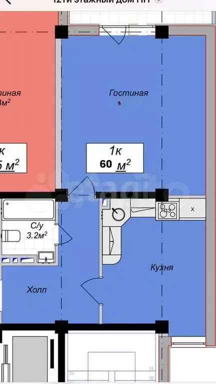 1-к. квартира, 62 м, 3/12 эт. - Фото 0