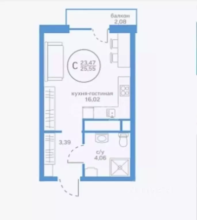 Студия Тюменская область, Тюмень ул. Краснооктябрьская, 16к1 (25.55 м) - Фото 1