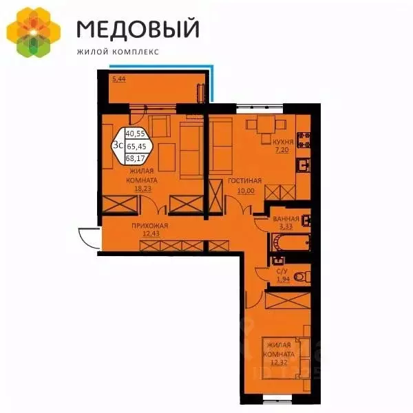 3-к кв. Пермский край, д. Кондратово ул. Н.М. Яблокова, 6 (64.6 м) - Фото 1