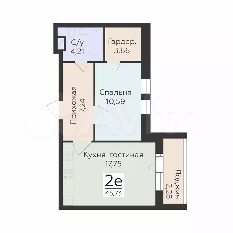 2-к. квартира, 45,7 м, 6/24 эт. - Фото 0