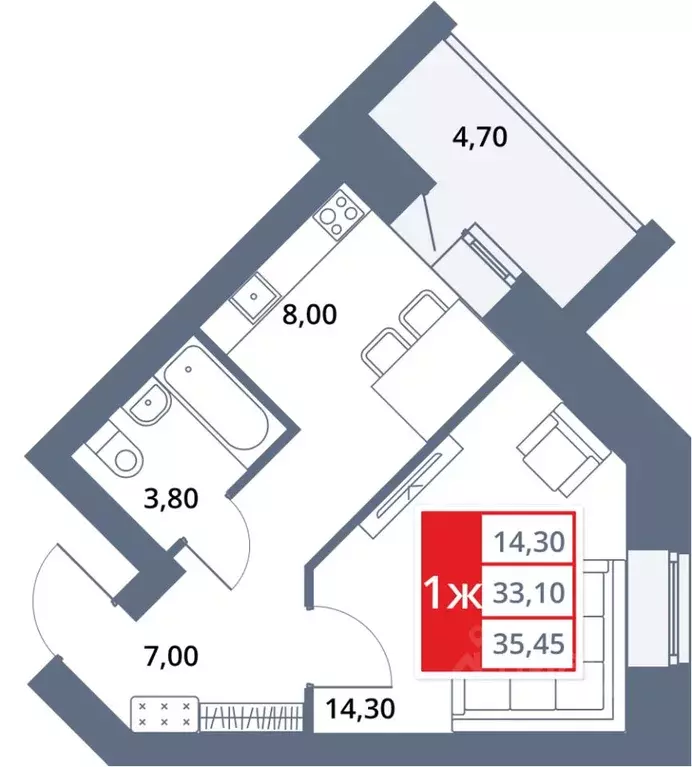 1-к кв. Башкортостан, Октябрьский 33-й мкр,  (35.45 м) - Фото 1