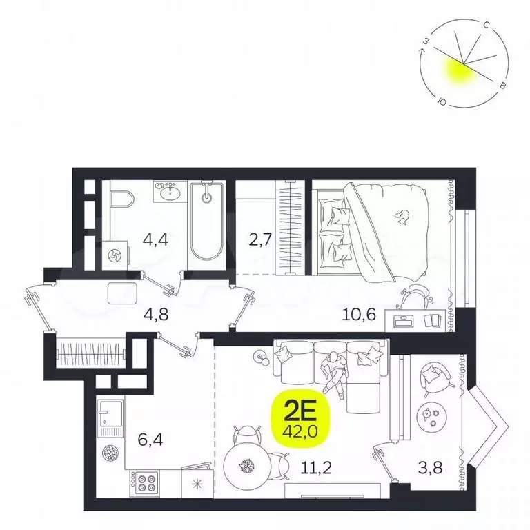 2-к. квартира, 42,1 м, 19/27 эт. - Фото 1