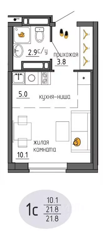 Студия Пермский край, Пермь Ижевская ул., 38 (21.8 м) - Фото 1