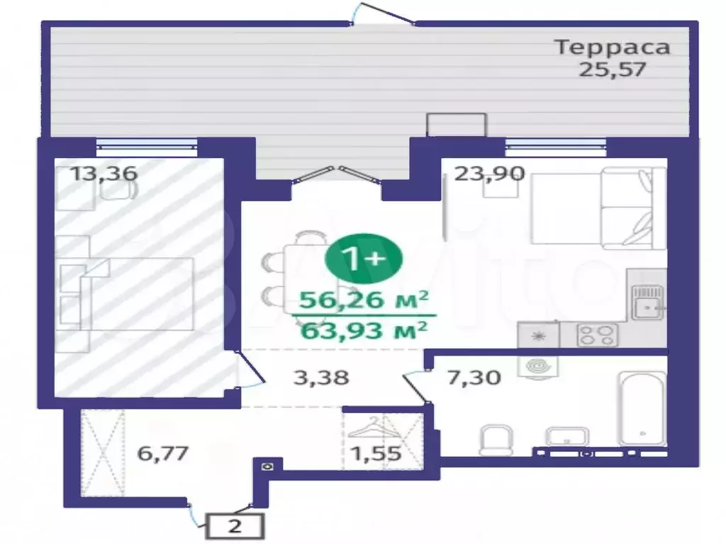 1-к. квартира, 56,3 м, 1/14 эт. - Фото 1