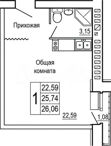 Квартира-студия, 26,6 м, 3/9 эт. - Фото 1