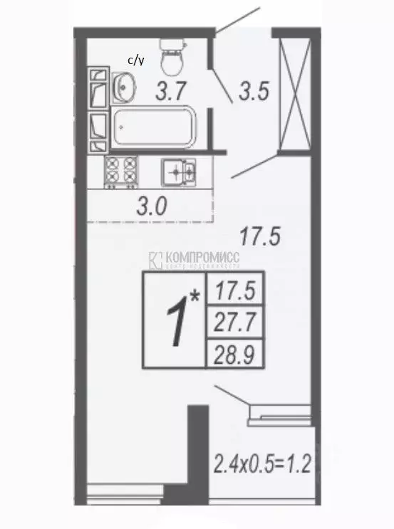 Студия Краснодарский край, Краснодар ул. Адмирала Серебрякова (27.6 м) - Фото 2