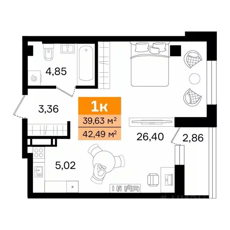 1-к кв. Курганская область, Курган просп. Конституции (42.49 м) - Фото 1