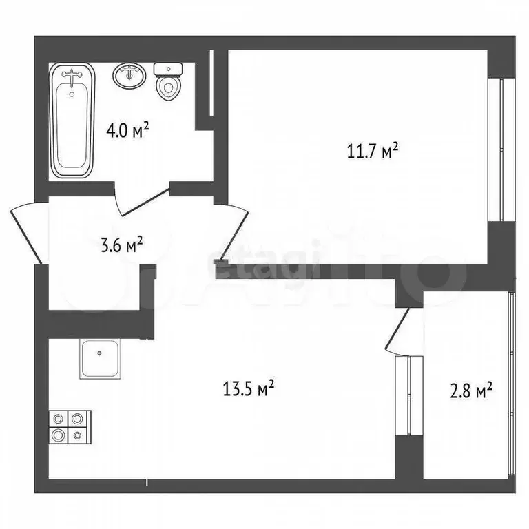 1-к. квартира, 37,9 м, 4/4 эт. - Фото 0