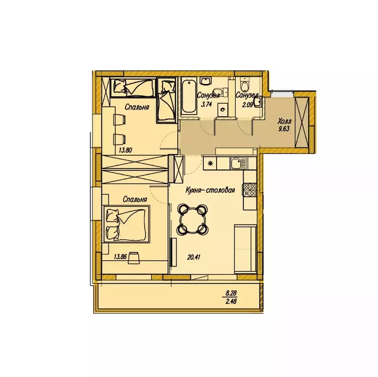 2-к кв. Татарстан, Казань ул. Абсалямова, 33к2 (66.4 м) - Фото 1
