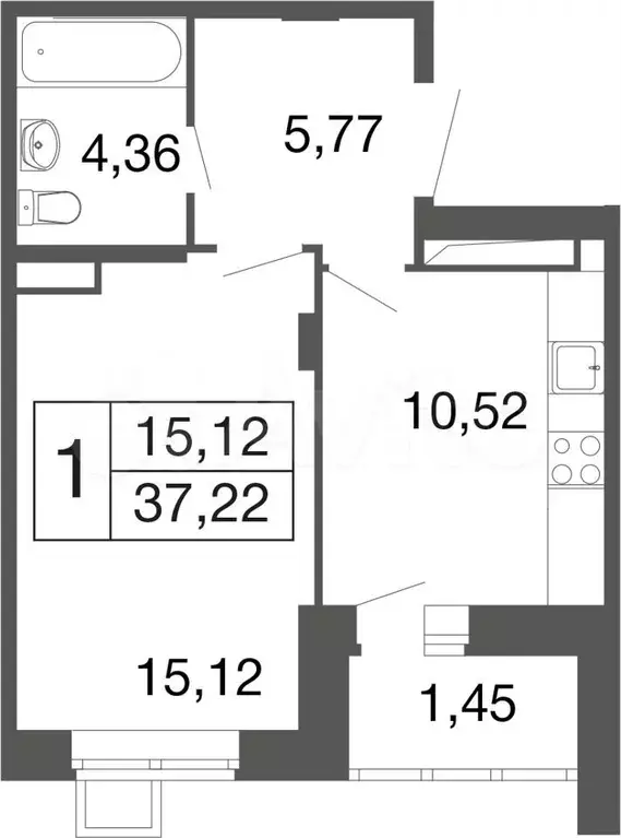 1-к. квартира, 37,2м, 2/9эт. - Фото 0