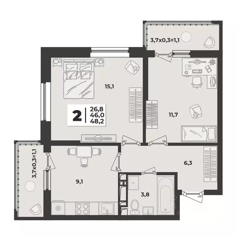 2-к кв. Краснодарский край, Краснодар ул. Западный обход, 50 (48.2 м) - Фото 0