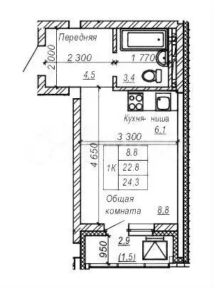 Квартира-студия, 24,3 м, 6/9 эт. - Фото 0