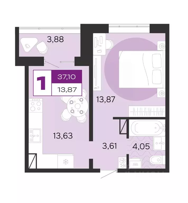 1-к кв. Брянская область, Брянск Д-4 жилой комплекс (37.1 м) - Фото 1