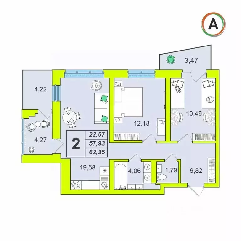 2-к кв. Калужская область, Калуга Зеленый жилой комплекс (62.35 м) - Фото 1