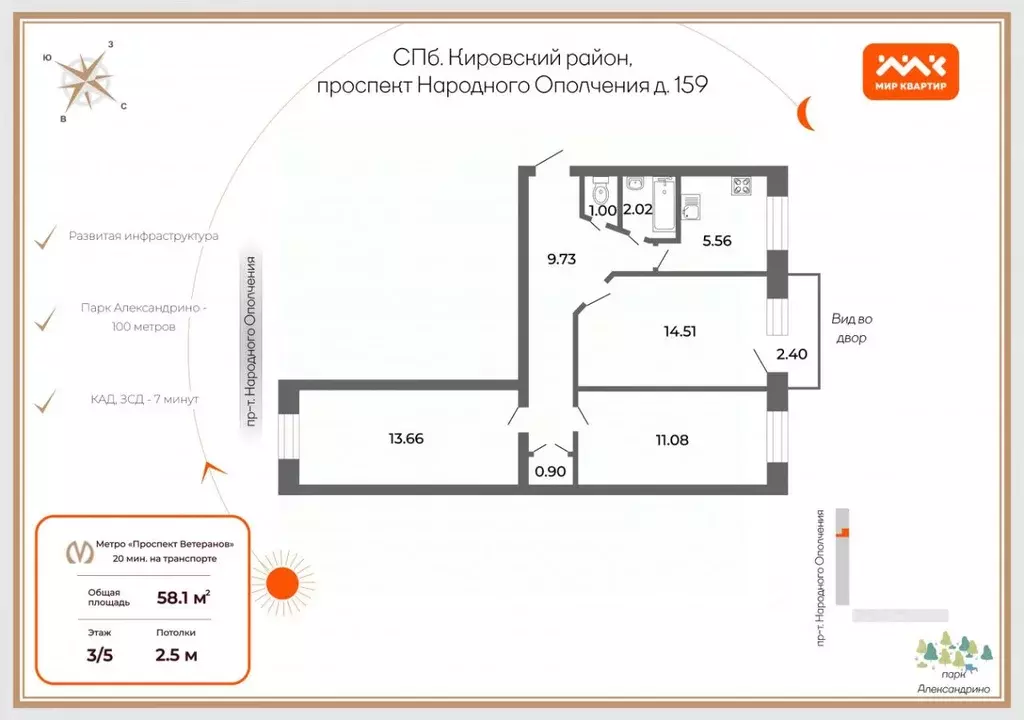 3-к кв. Санкт-Петербург просп. Народного ополчения, 159 (58.1 м) - Фото 1