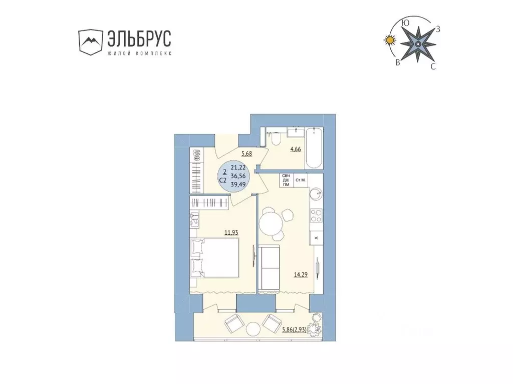 2-к кв. Башкортостан, Уфа Кавказская ул., 24 (39.49 м) - Фото 0