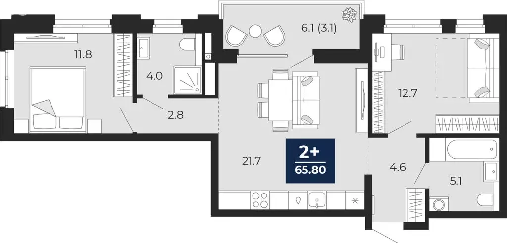 2-комнатная квартира: Тюмень, ЖК Мириады (65.8 м) - Фото 1