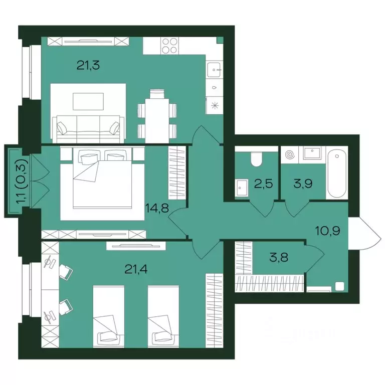 2-к кв. Чувашия, Чебоксары просп. Чебоксарский (79.2 м) - Фото 1