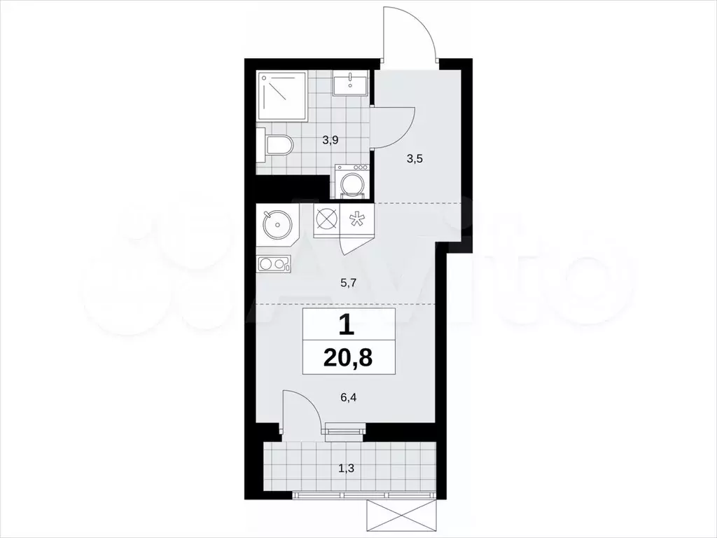 Квартира-студия, 20,8м, 14/14эт. - Фото 1