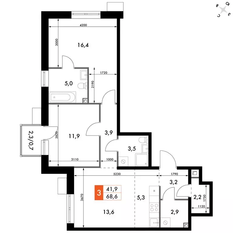 3-комнатная квартира: Владивосток, ЖК Флагман (68.6 м) - Фото 2
