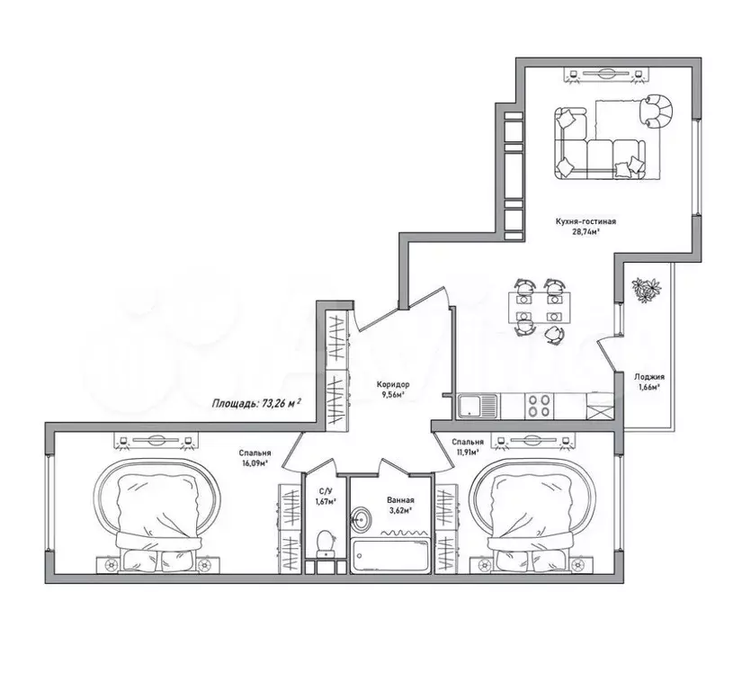 3-к. квартира, 74 м, 4/8 эт. - Фото 0