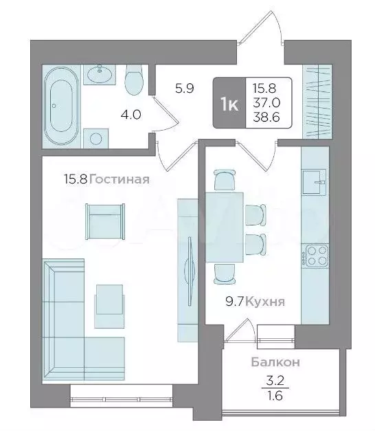 1-к. квартира, 38,6 м, 8/9 эт. - Фото 1