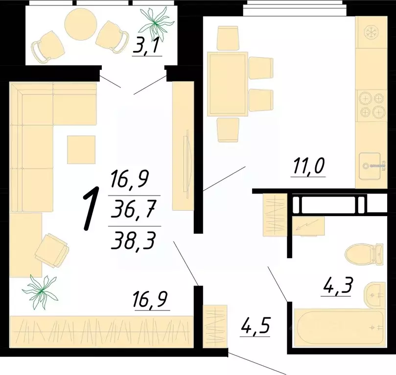 1-к кв. Воронежская область, Воронеж ул. Пескова, 8 (38.3 м) - Фото 1