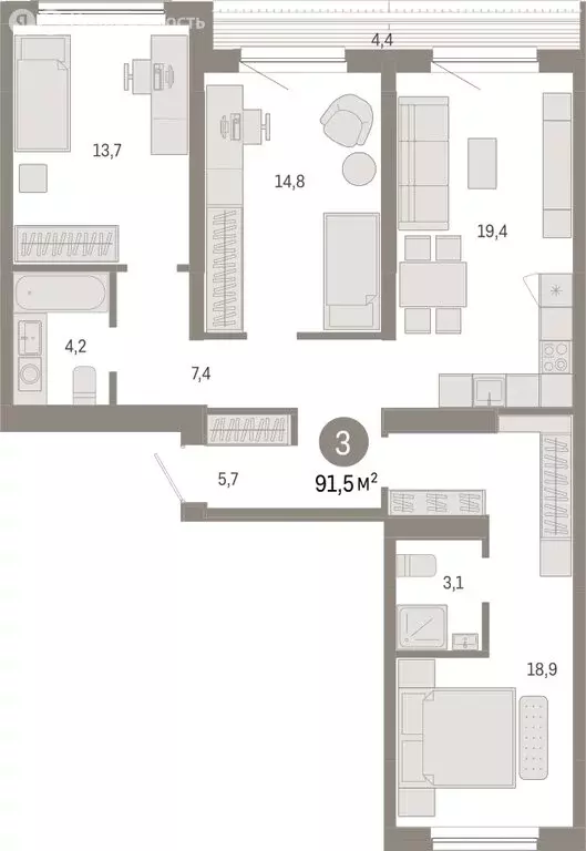 3-комнатная квартира: Новосибирск, Большевистская улица, с49 (91.47 м) - Фото 1