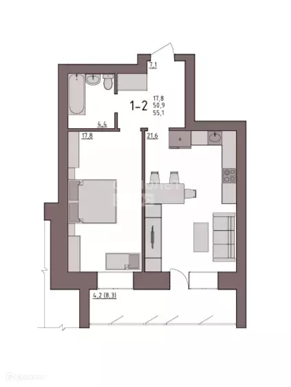 Продаётся 1-к квартира, 55.1 м - Фото 0
