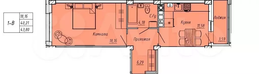 1-к. квартира, 43,8 м, 2/9 эт. - Фото 0